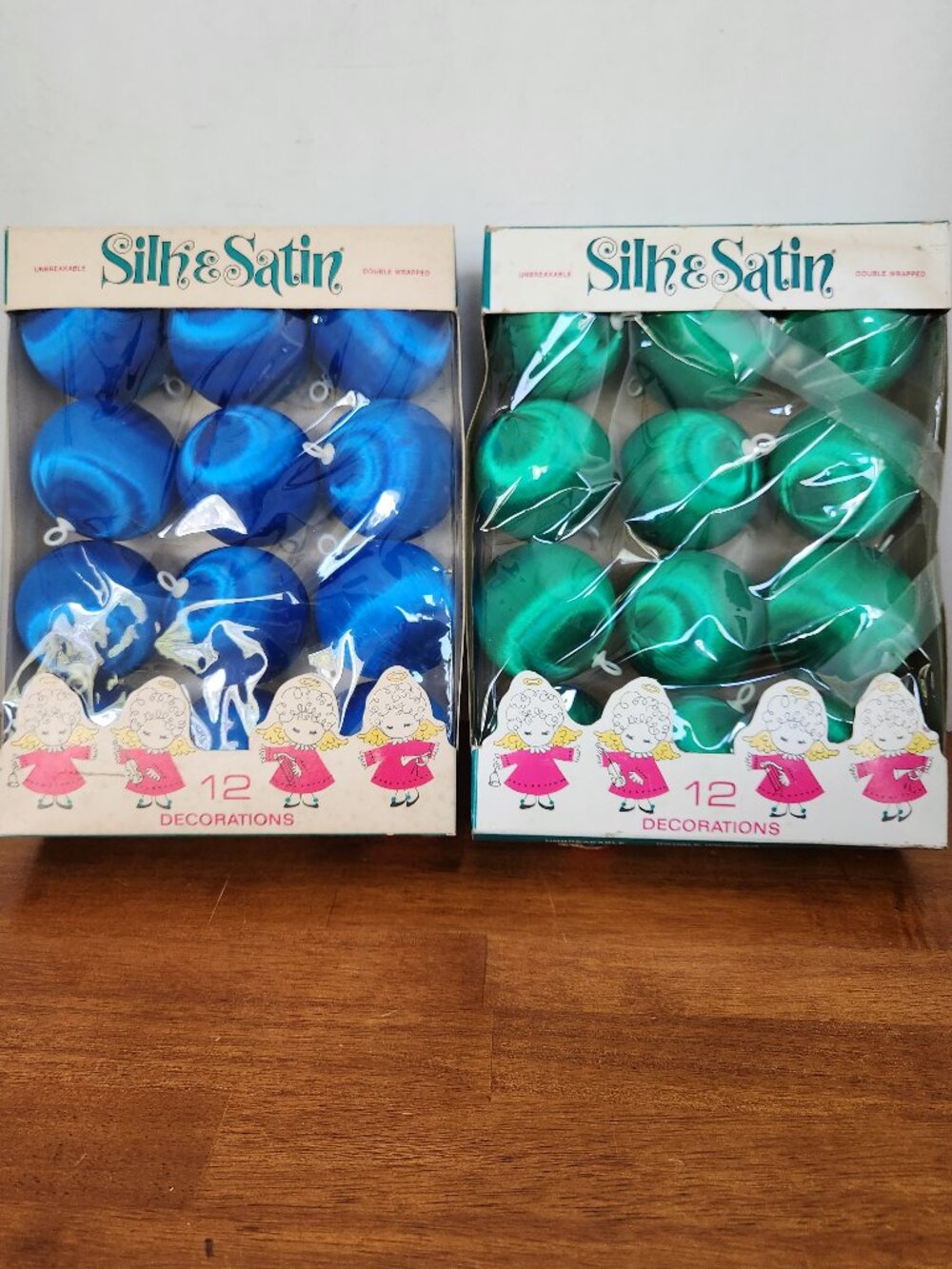 Vintage Lidco Silk Satin Sheen Round Ball Christmas Ornaments Green Blue 1960s